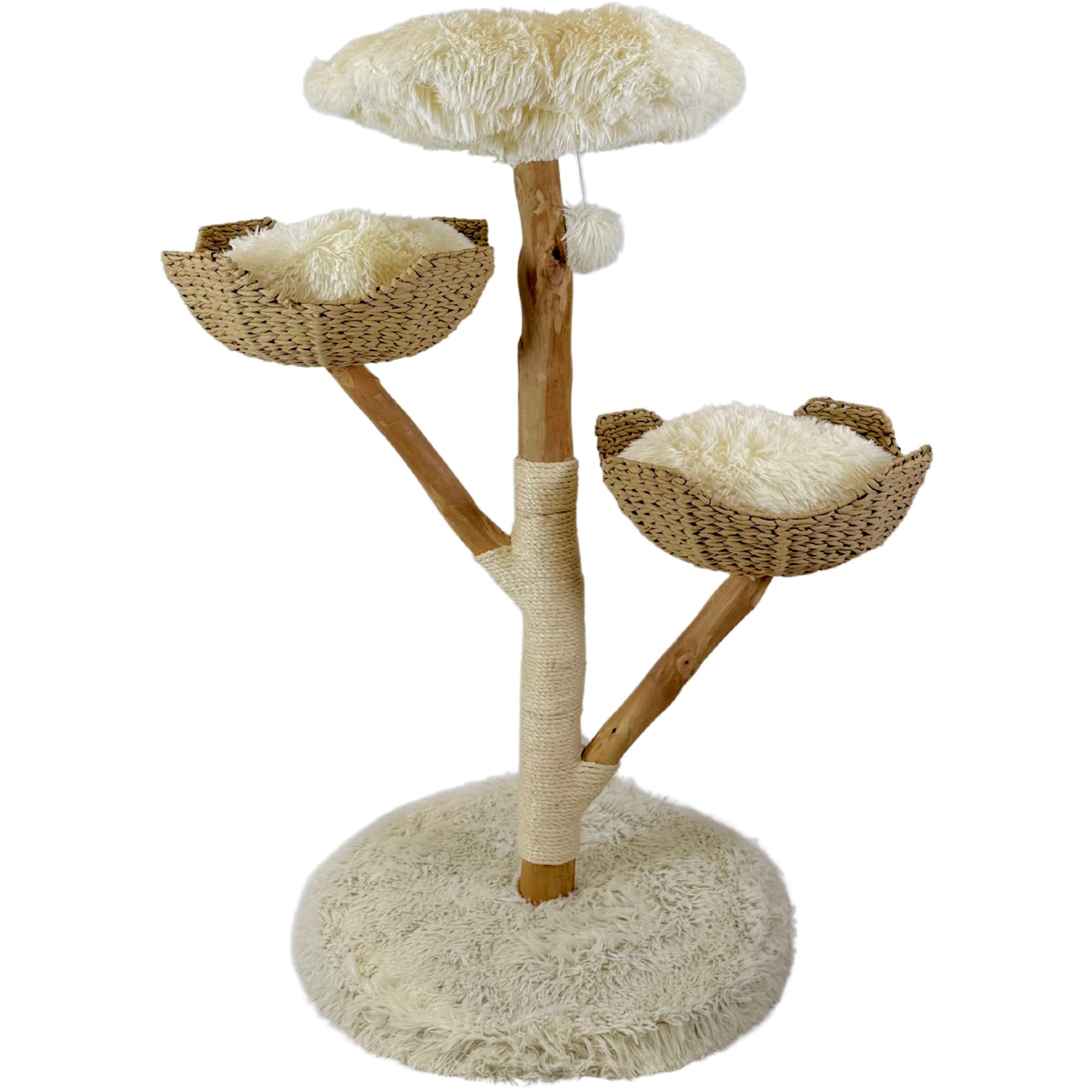 Multi-level wooden cat tree with handwoven rattan beds, soft cushions, and sisal scratching posts, designed for climbing, lounging, and play.