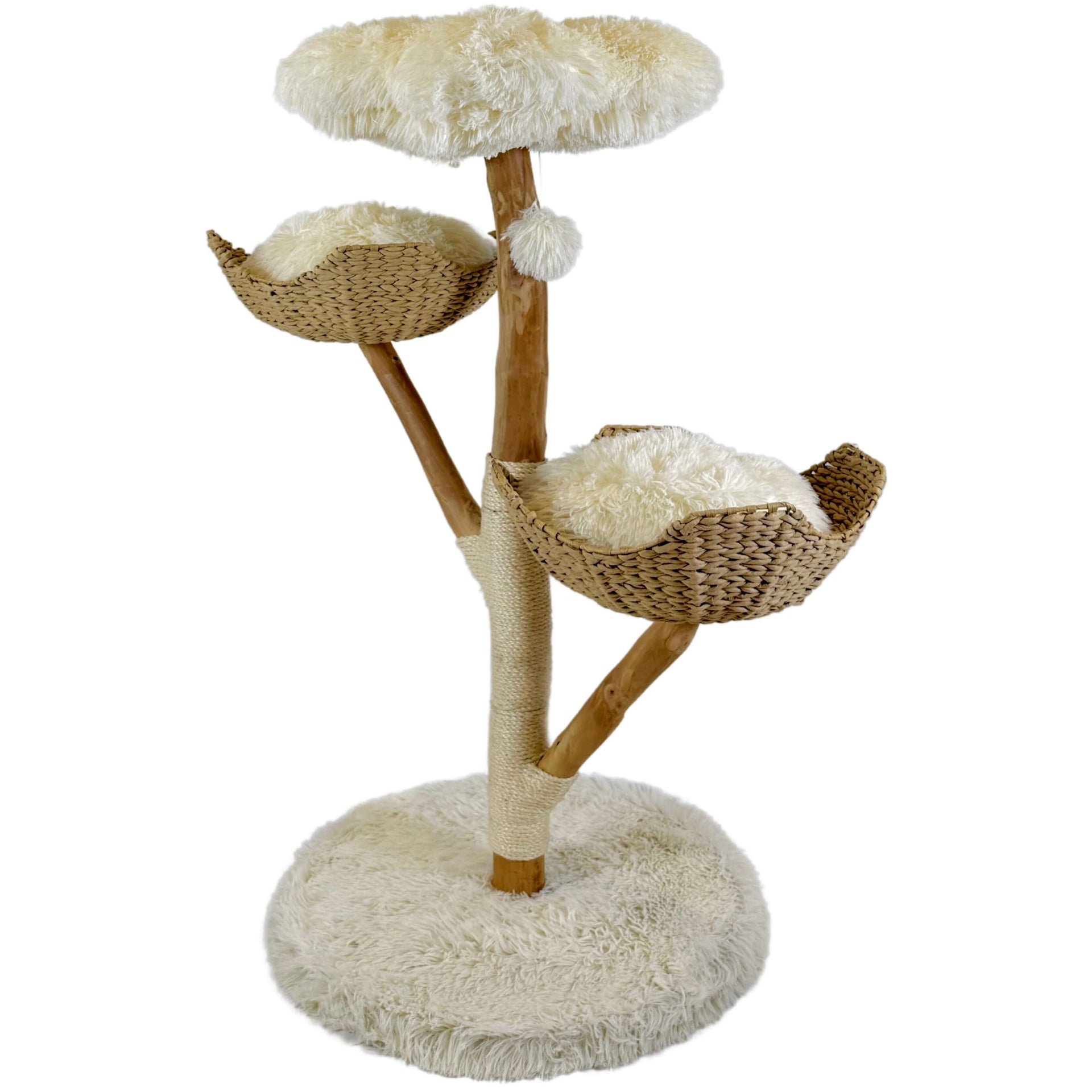 Multi-level wooden cat tree with handwoven rattan beds, soft cushions, and sisal scratching posts, designed for climbing, lounging, and play.