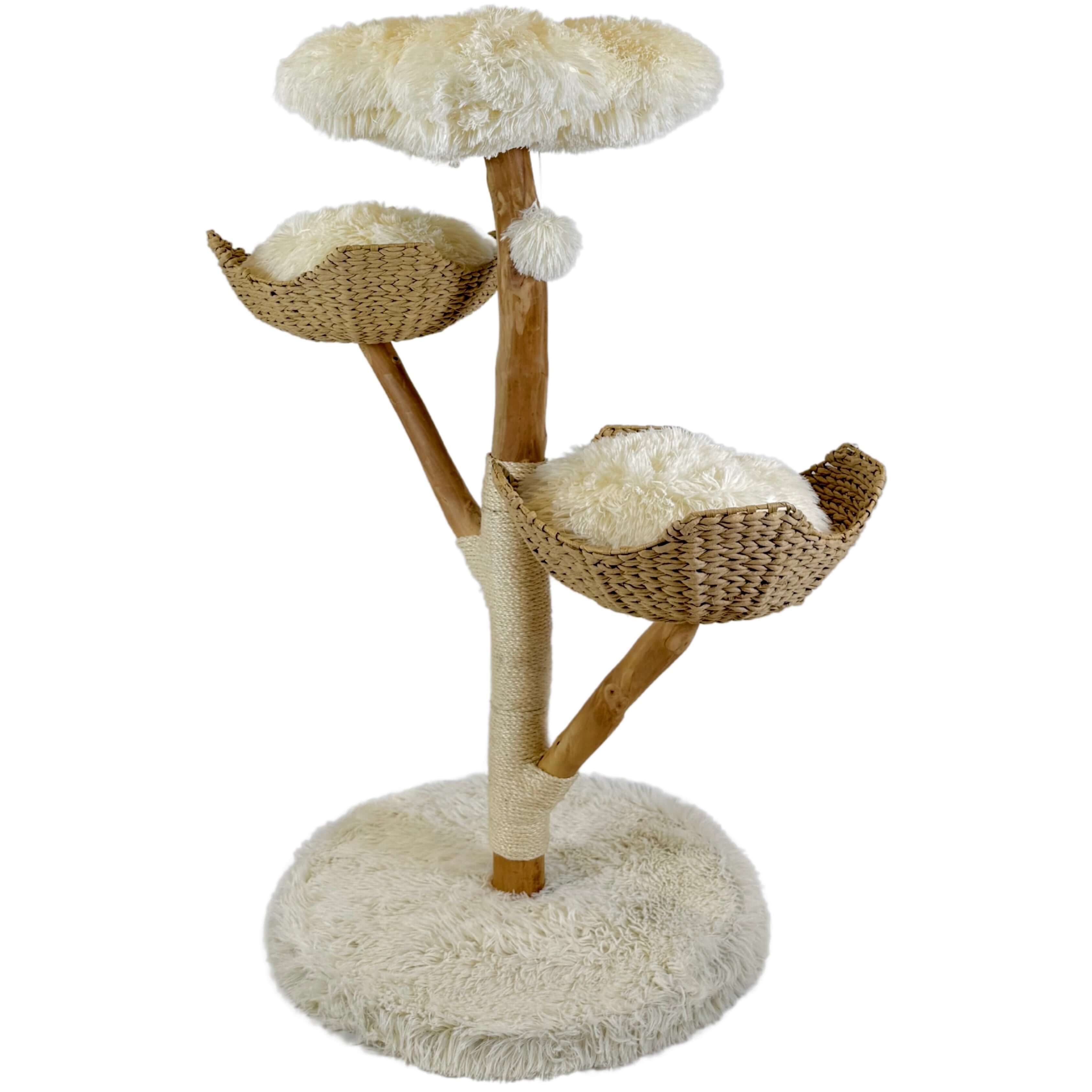 Multi-level wooden cat tree with handwoven rattan beds, soft cushions, and sisal scratching posts, designed for climbing, lounging, and play.