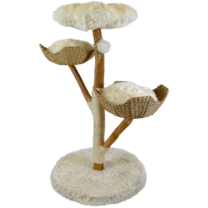 Multi-level wooden cat tree with handwoven rattan beds, soft cushions, and sisal scratching posts, designed for climbing, lounging, and play.