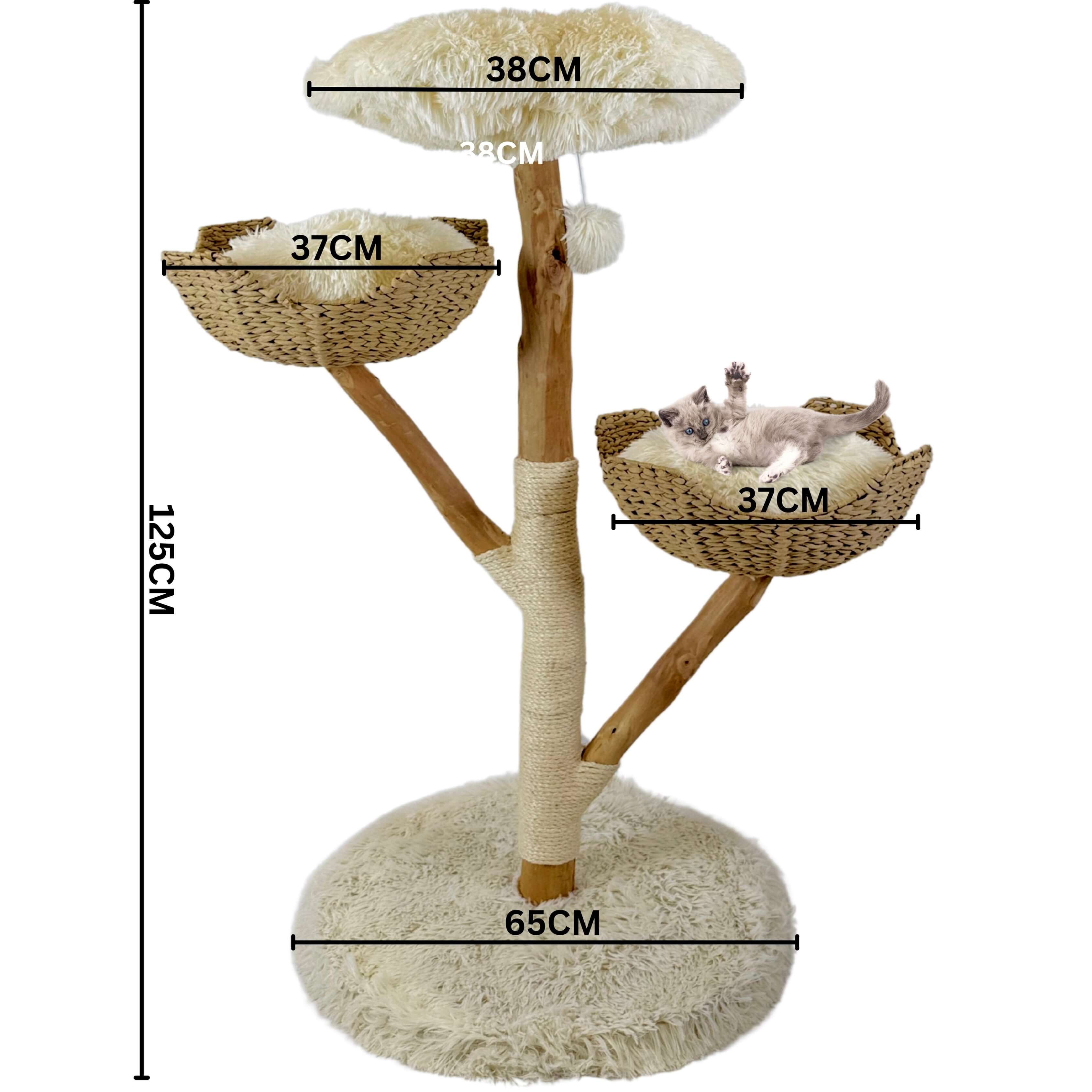 Multi-level wooden cat tree with handwoven rattan beds, soft cushions, and sisal scratching posts, designed for climbing, lounging, and play.