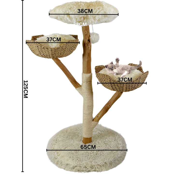 Multi-level wooden cat tree with handwoven rattan beds, soft cushions, and sisal scratching posts, designed for climbing, lounging, and play.