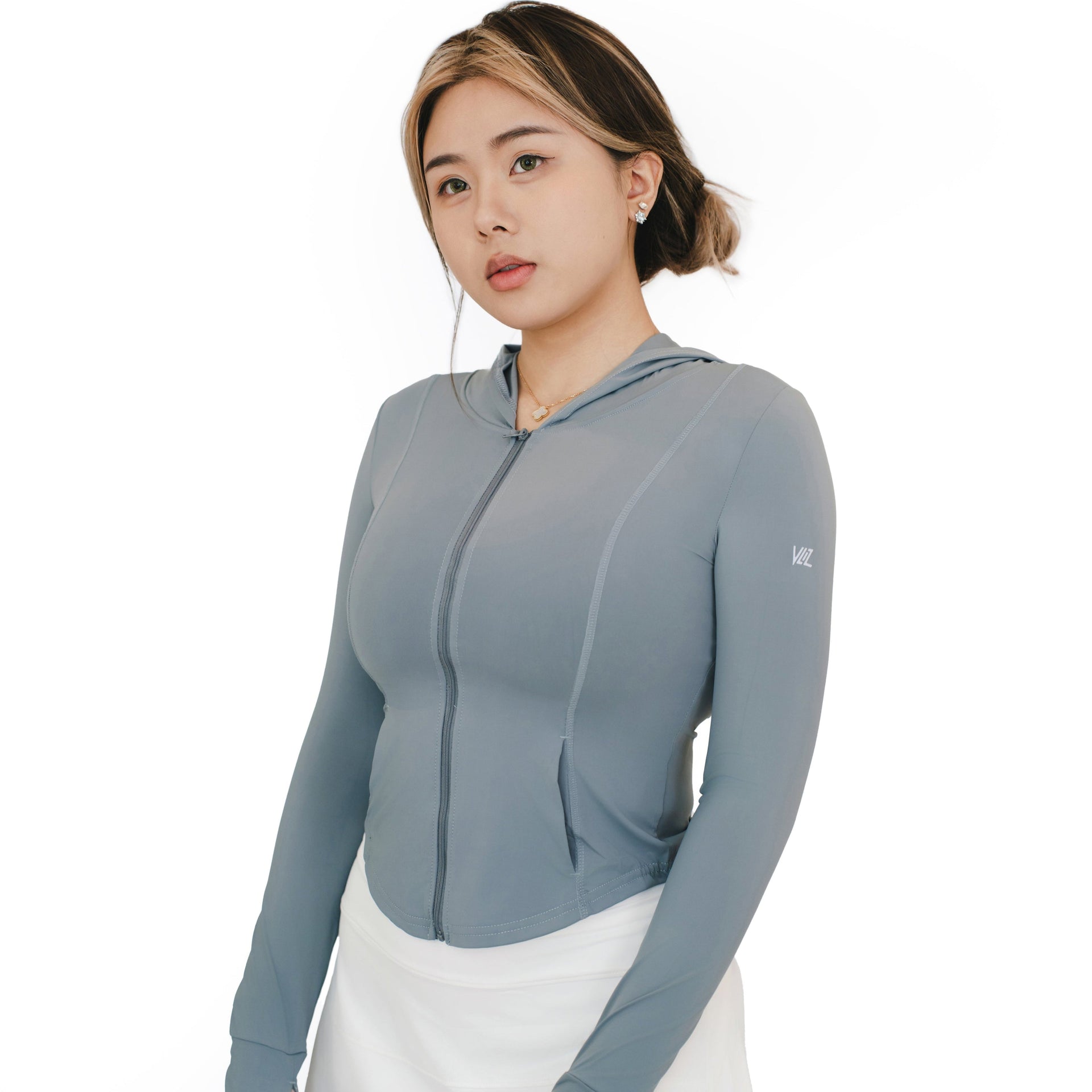 VLIZ rapid uv hooded top  in ash gray with full-length zip and thumbhole sleeves, styled for outdoor sports.