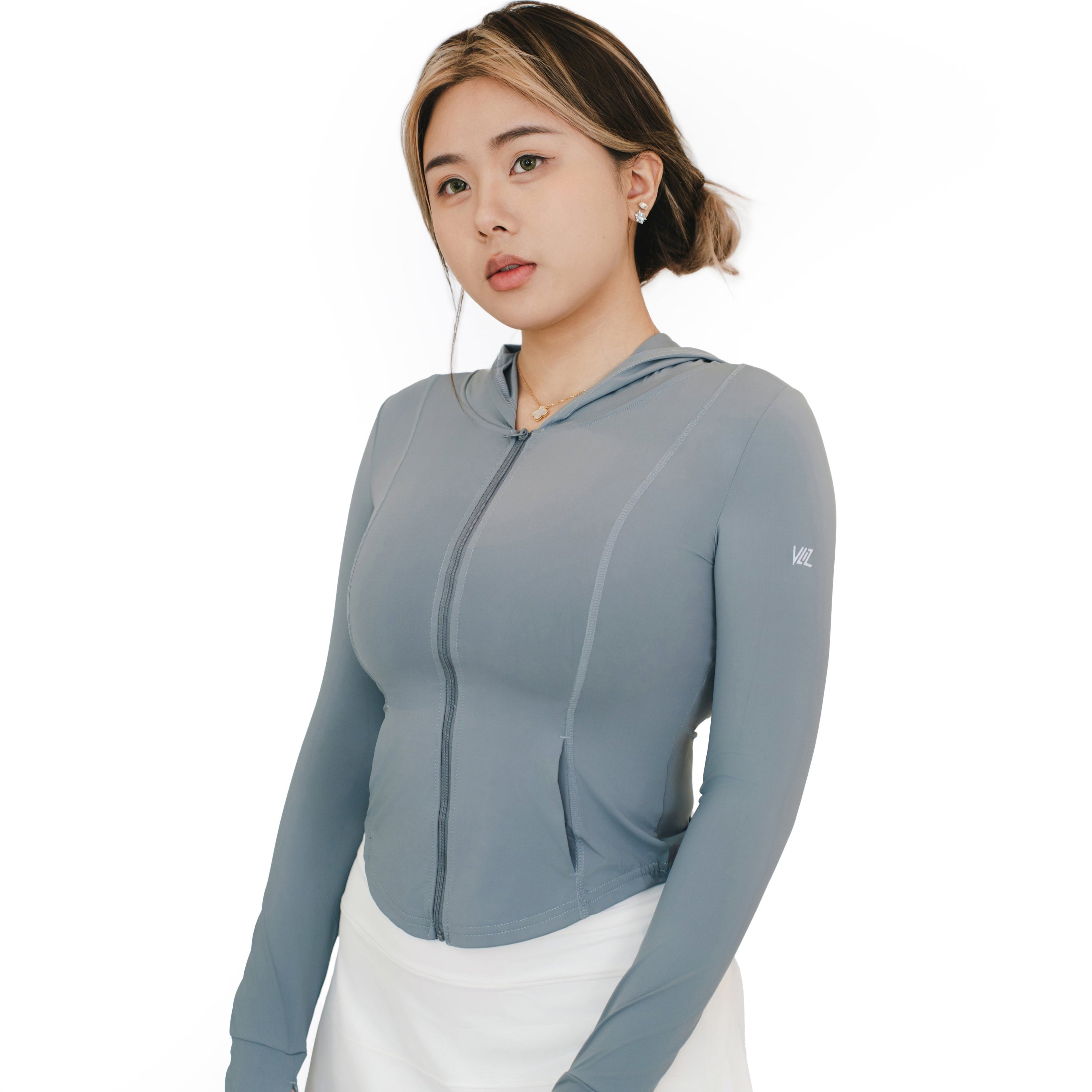 VLIZ rapid uv hooded top  in ash gray with full-length zip and thumbhole sleeves, styled for outdoor sports.