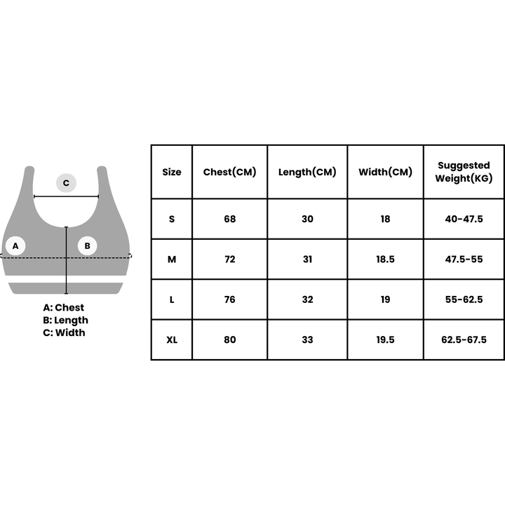 Size chart for VLIZ SculptFit Racerback Sports Bra with measurements for sizes S to XL: Chest 68–80 cm, Length 30–33 cm, Width 18–19.5 cm, and suggested weight range 40–67.5 kg.

