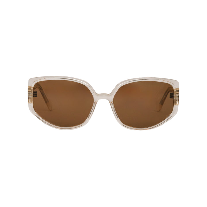 VLIZ Solace sunglasses with a brown square acetate-style frame and brown lenses, featuring sculpted edges, UV400 protection, and engraved logo on temples.