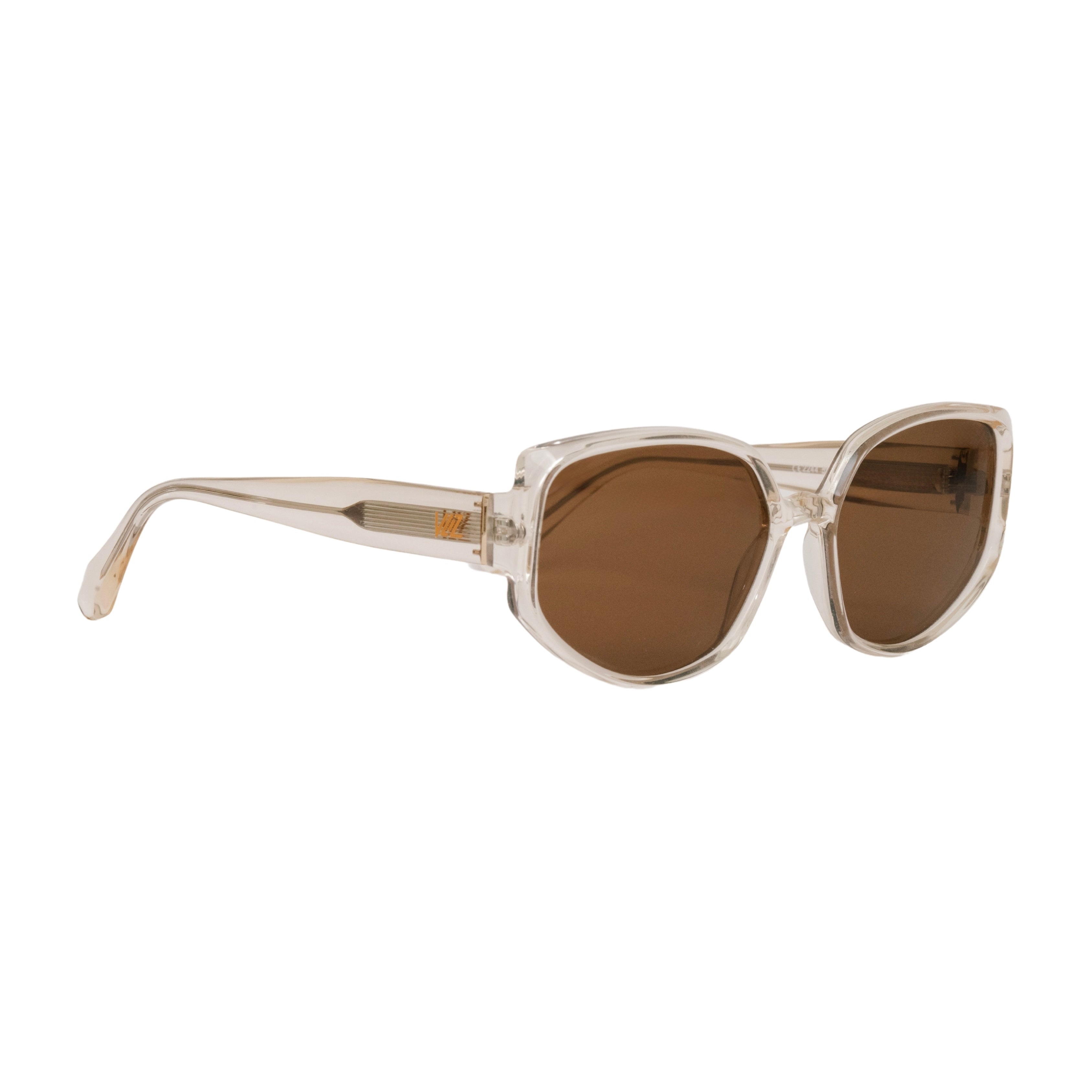 VLIZ Solace sunglasses with a brown square acetate-style frame and brown lenses, featuring sculpted edges, UV400 protection, and engraved logo on temples.