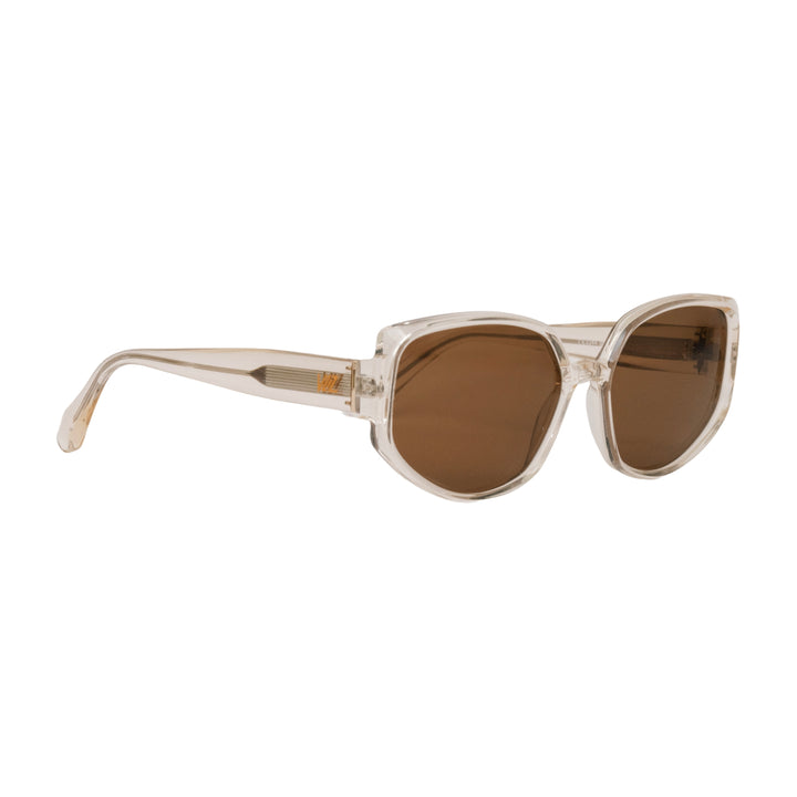 VLIZ Solace sunglasses with a brown square acetate-style frame and brown lenses, featuring sculpted edges, UV400 protection, and engraved logo on temples.