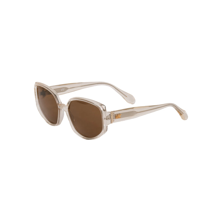 VLIZ Solace sunglasses with a brown square acetate-style frame and brown lenses, featuring sculpted edges, UV400 protection, and engraved logo on temples.