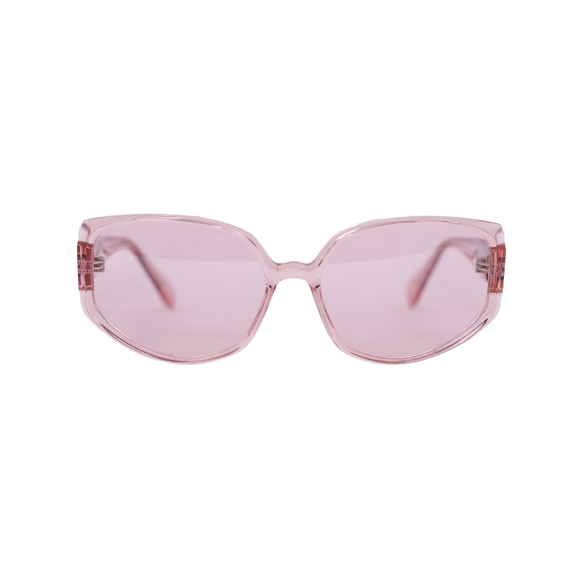 VLIZ Solace sunglasses with a pink square acetate-style frame and pink lenses, featuring sculpted edges, UV400 protection, and engraved logo on temples.