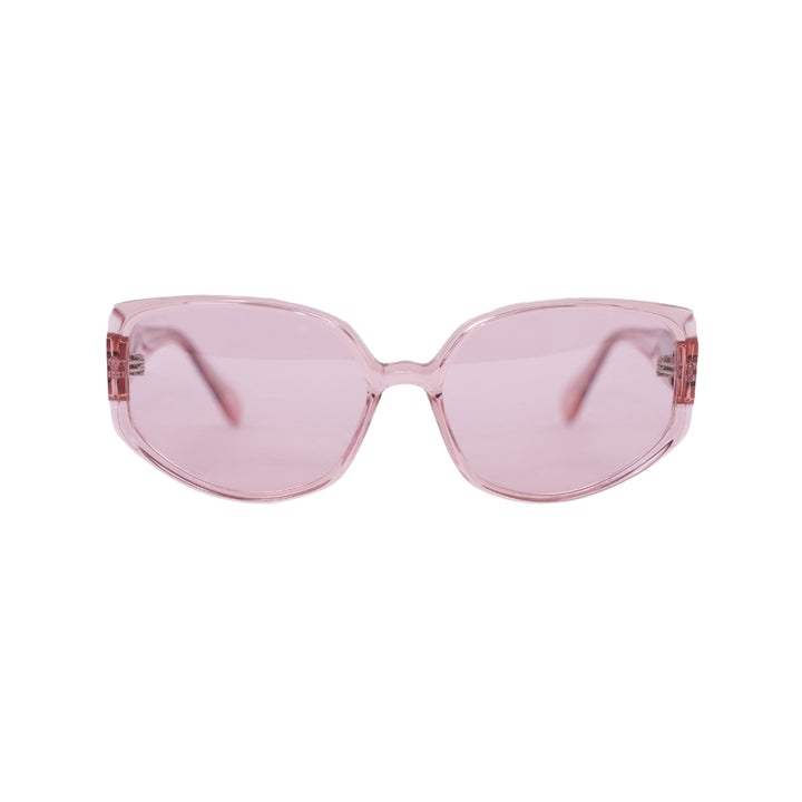 VLIZ Solace sunglasses with a pink square acetate-style frame and pink lenses, featuring sculpted edges, UV400 protection, and engraved logo on temples.