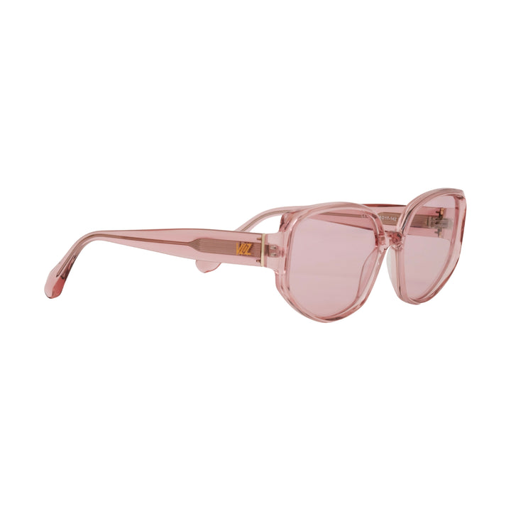 VLIZ Solace sunglasses with a pink square acetate-style frame and pink lenses, featuring sculpted edges, UV400 protection, and engraved logo on temples.