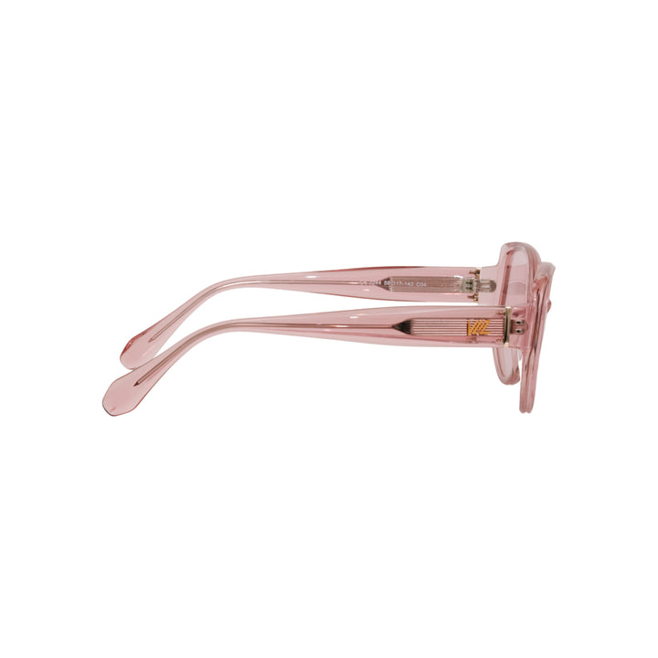 VLIZ Solace sunglasses with a pink square acetate-style frame and pink lenses, featuring sculpted edges, UV400 protection, and engraved logo on temples.