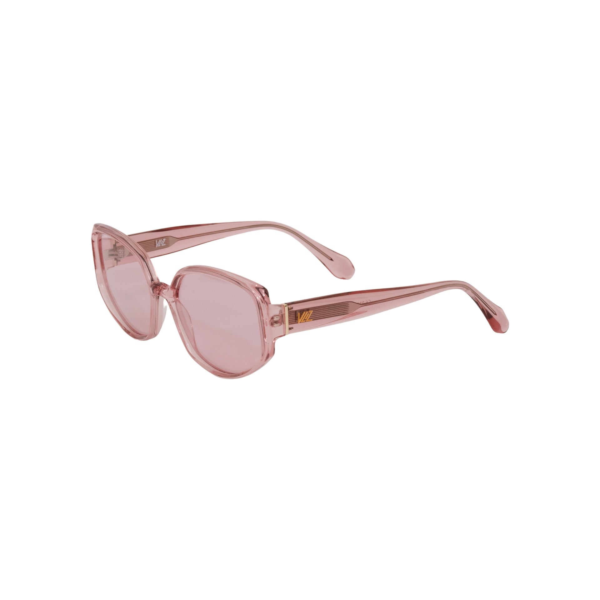 VLIZ Solace sunglasses with a pink square acetate-style frame and pink lenses, featuring sculpted edges, UV400 protection, and engraved logo on temples.