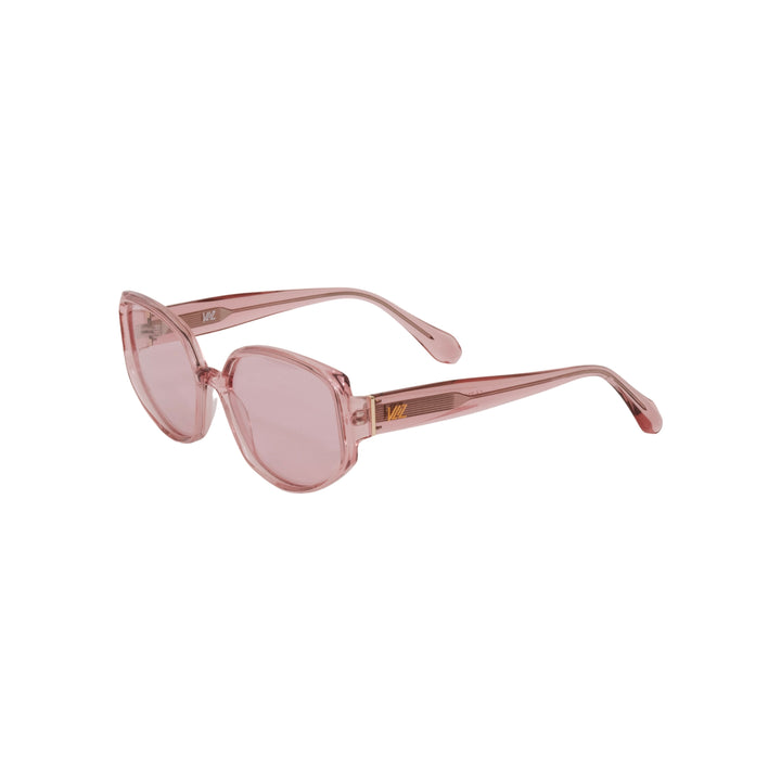 VLIZ Solace sunglasses with a pink square acetate-style frame and pink lenses, featuring sculpted edges, UV400 protection, and engraved logo on temples.