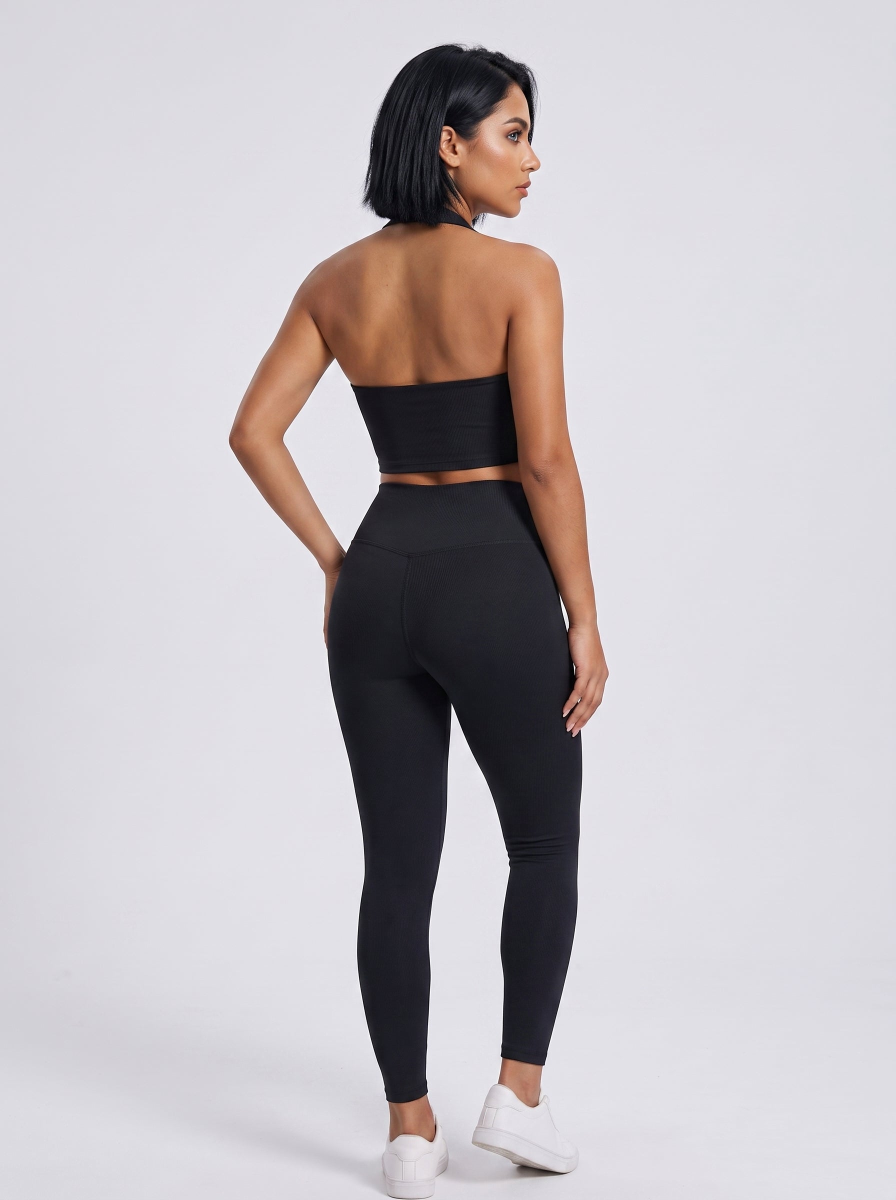 VLIZ women's black open-back halter sports bra, back view