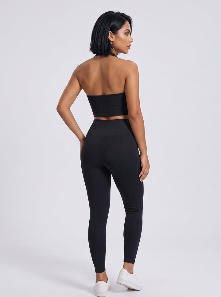 VLIZ women's black open-back halter sports bra, back view