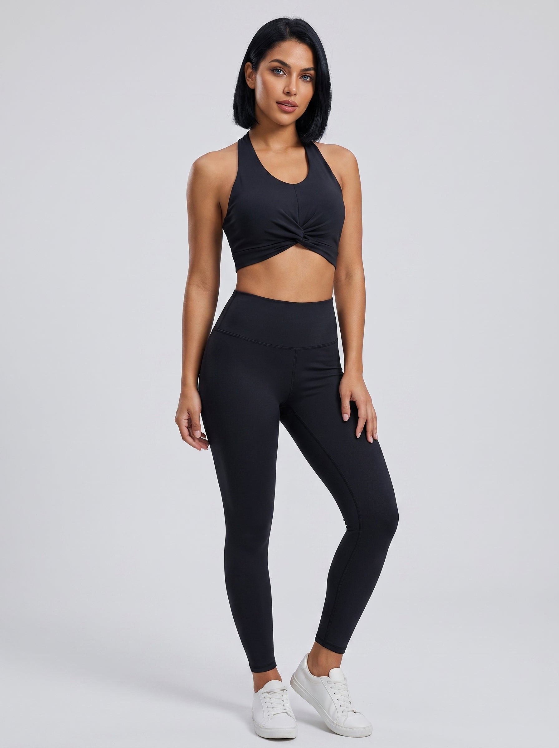 VLIZ women's black twist-front halter sports bra, front view