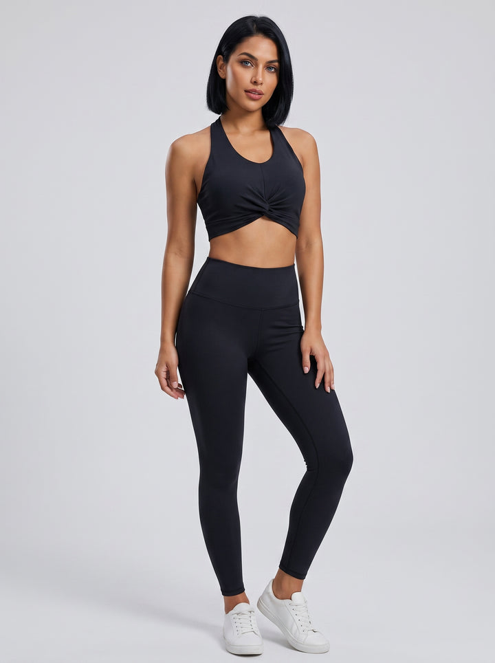 VLIZ women's black twist-front halter sports bra, front view