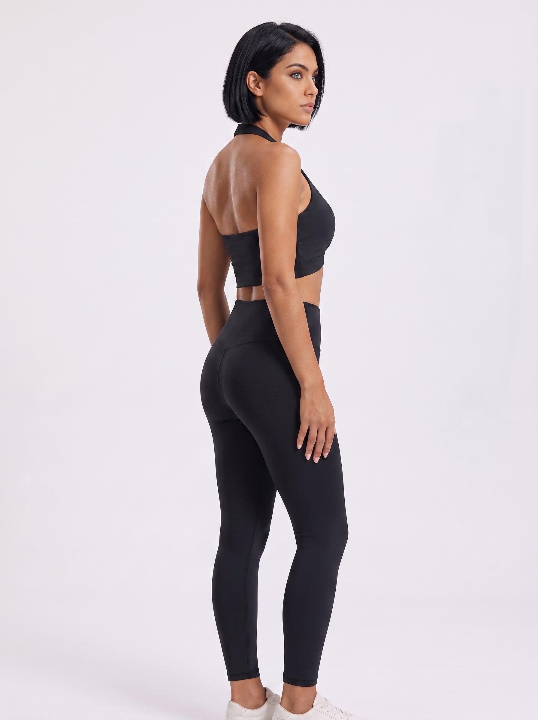 VLIZ women's black halter-neck workout sports bra, side view