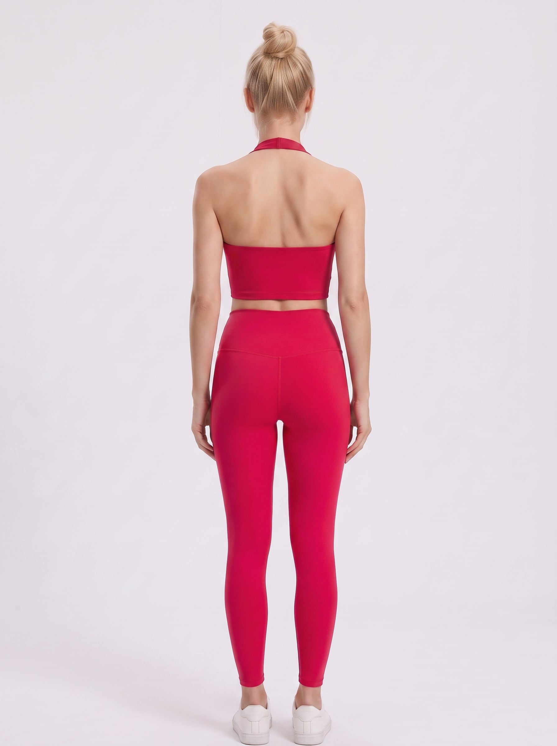 VLIZ women's pink open-back halter sports bra, back view