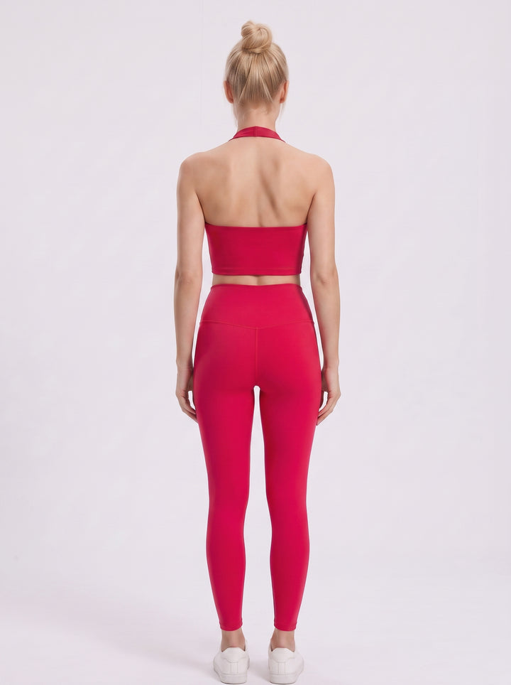 VLIZ women's pink open-back halter sports bra, back view
