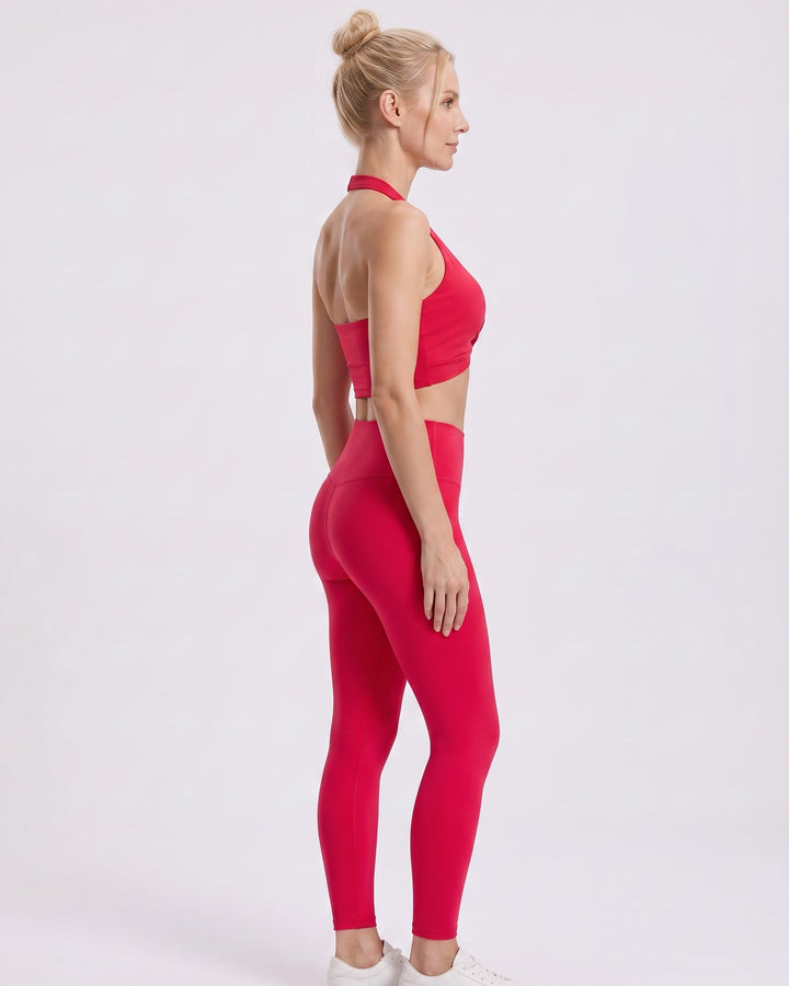 VLIZ women's pink halter-neck workout sports bra, side view