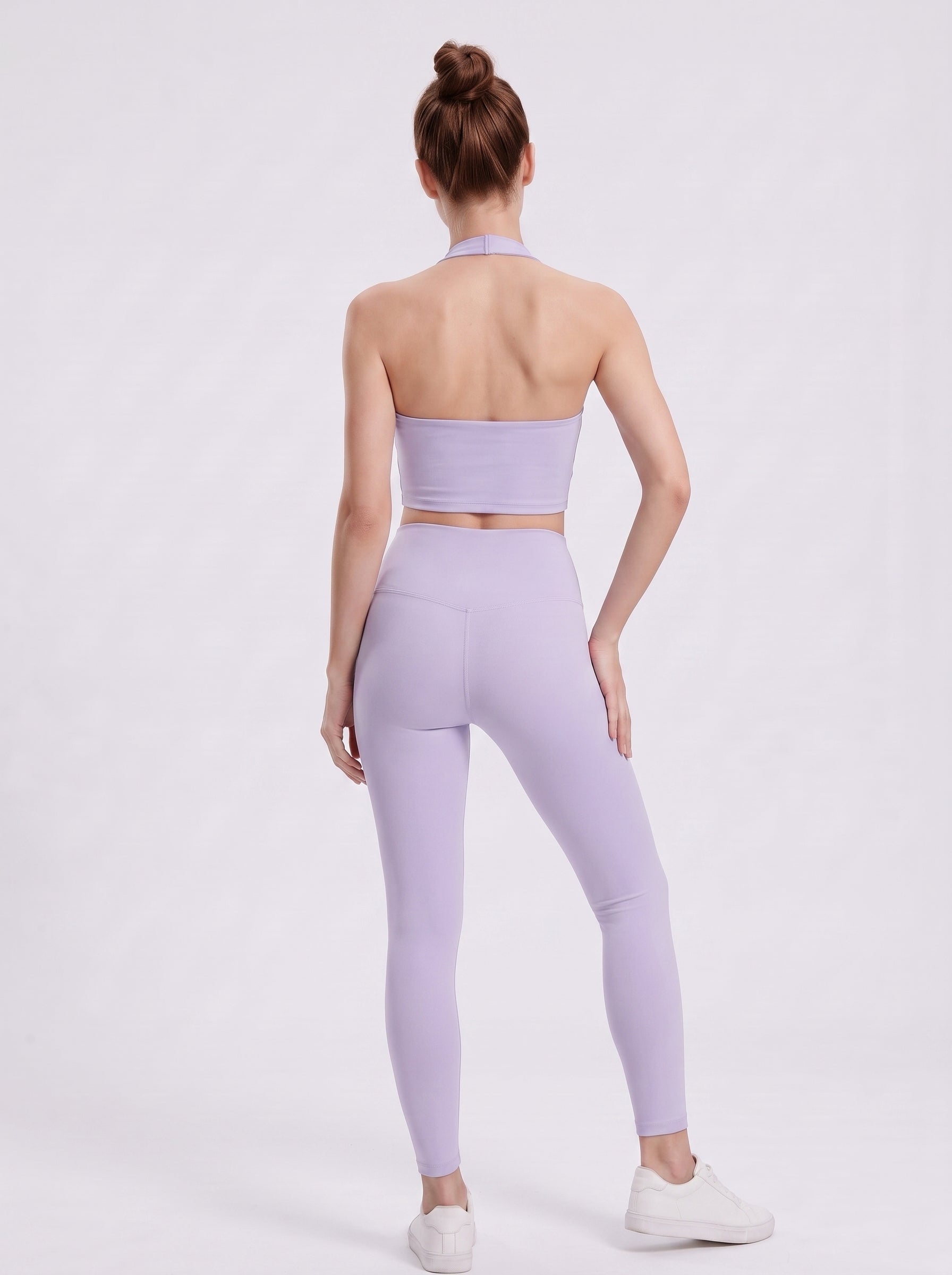 VLIZ women's light purple open-back halter sports bra, back view