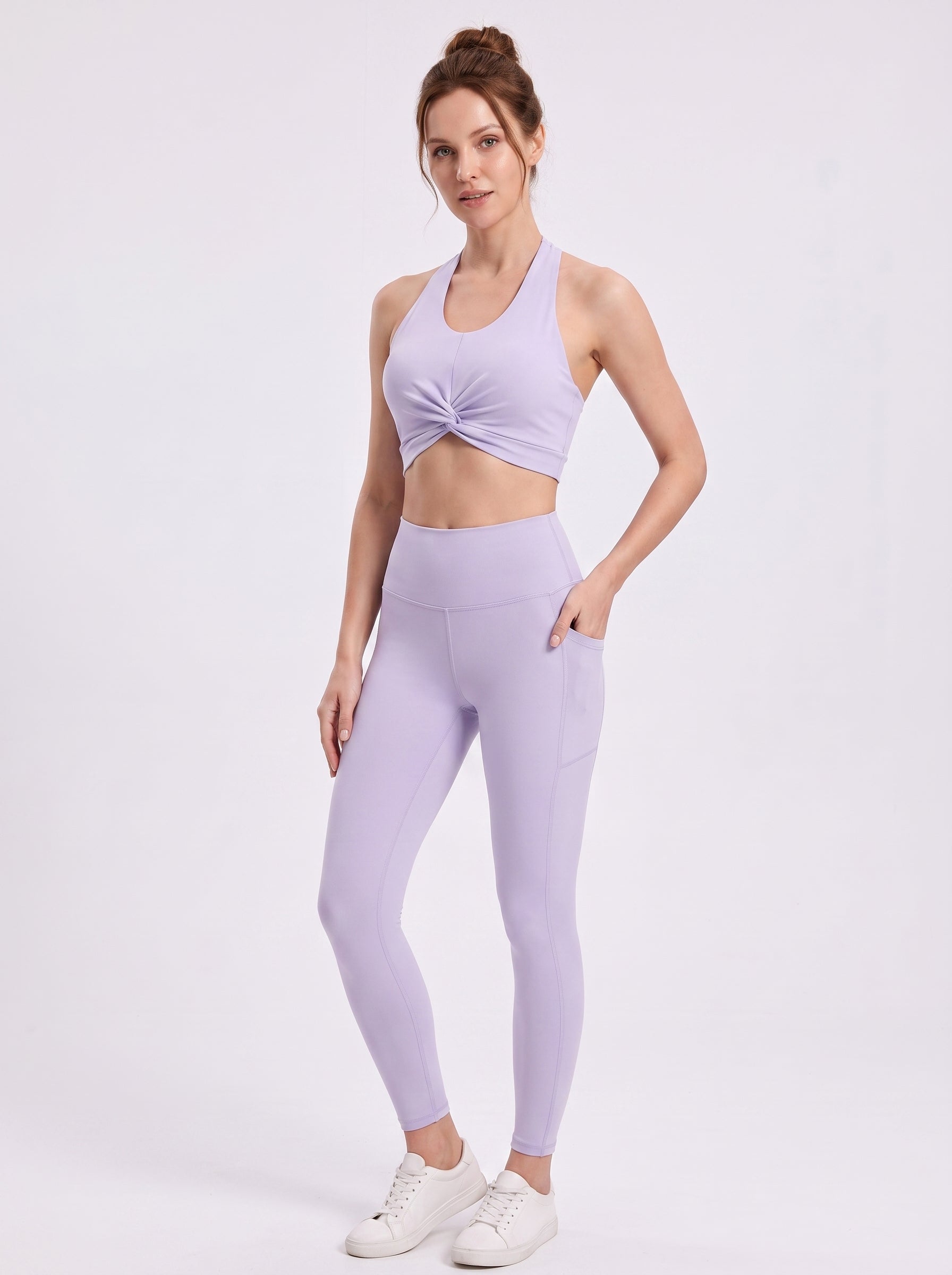 VLIZ women's light purple twist-front halter sports bra, front view