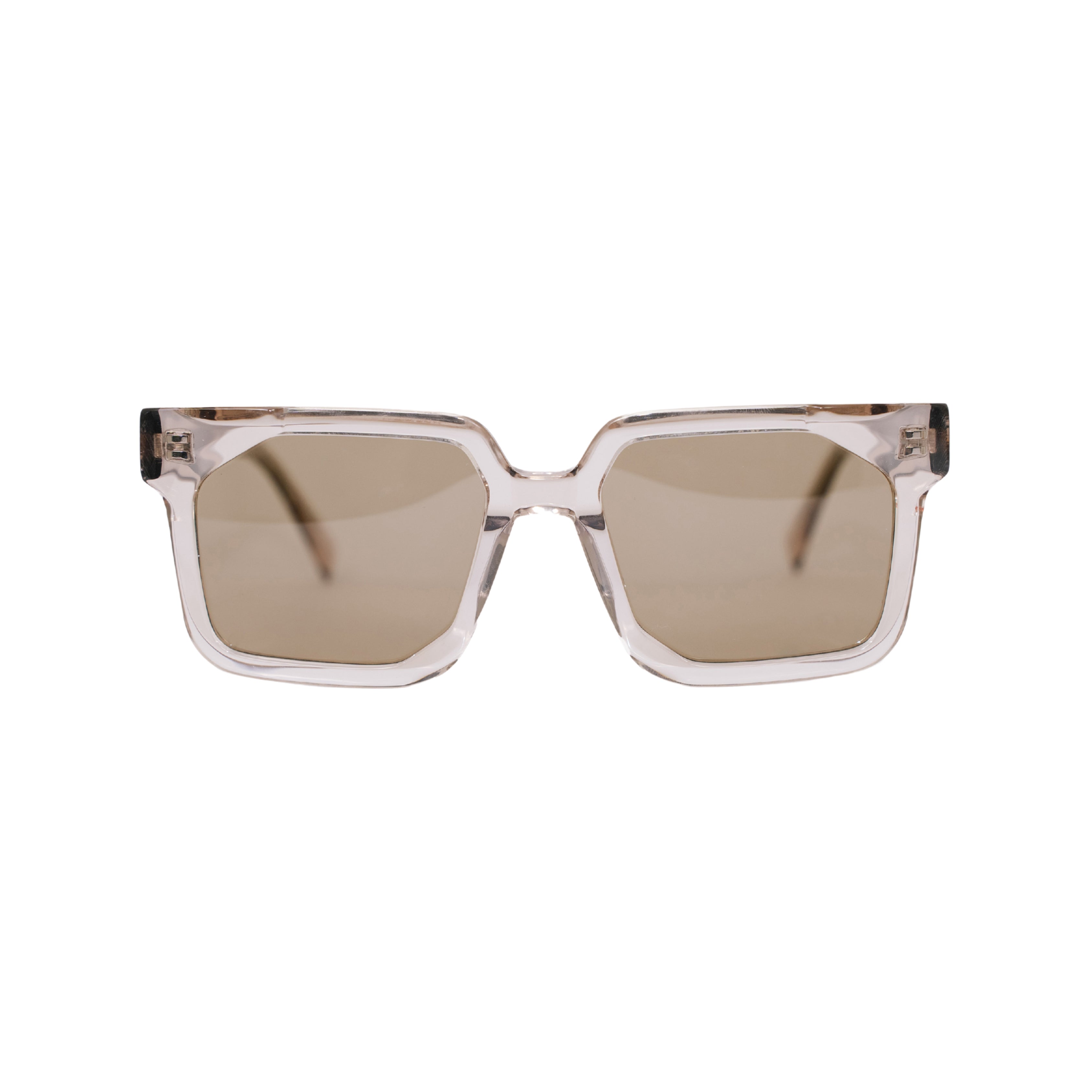 VLIZ Strata sunglasses with a translucent or tortoise square-edge frame and brown lenses, featuring a sculpted urban design, UV400 protection,and engraved logo on temples.