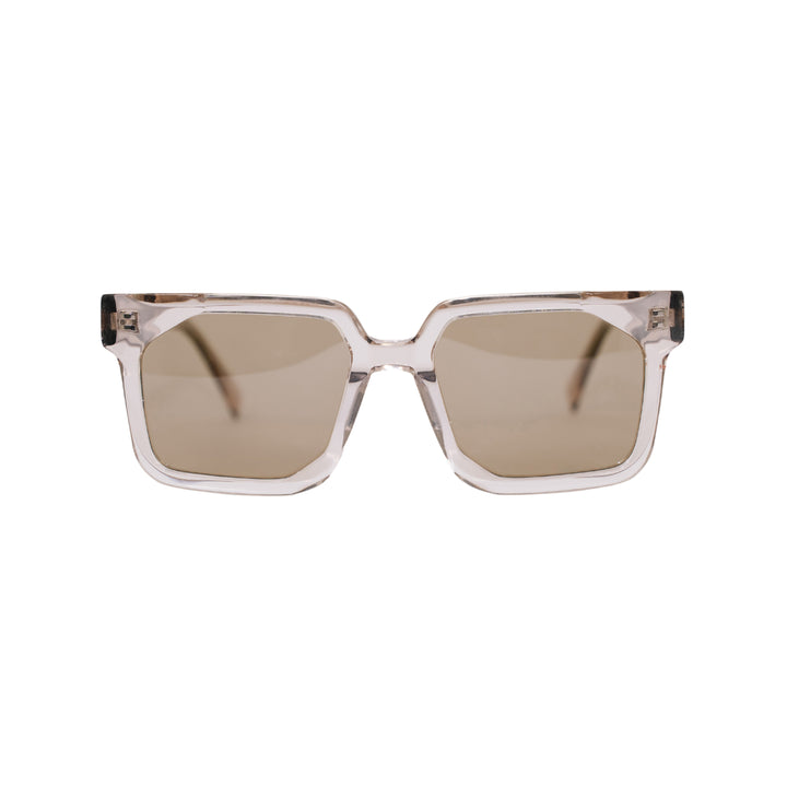VLIZ Strata sunglasses with a translucent or tortoise square-edge frame and brown lenses, featuring a sculpted urban design, UV400 protection,and engraved logo on temples.