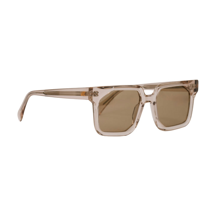 VLIZ Strata sunglasses with a translucent or tortoise square-edge frame and brown lenses, featuring a sculpted urban design, UV400 protection,and engraved logo on temples.