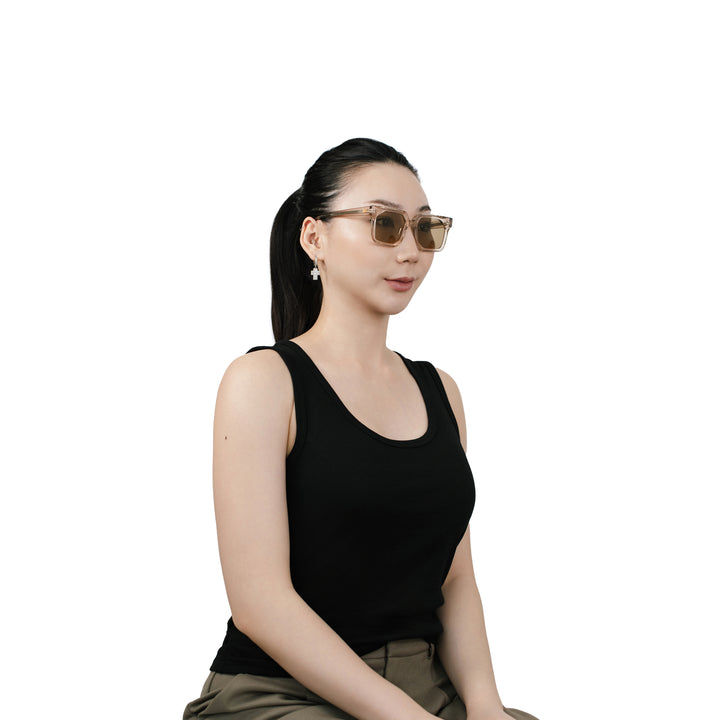 VLIZ Strata sunglasses with a translucent or tortoise square-edge frame and brown lenses, featuring a sculpted urban design, UV400 protection,and engraved logo on temples.