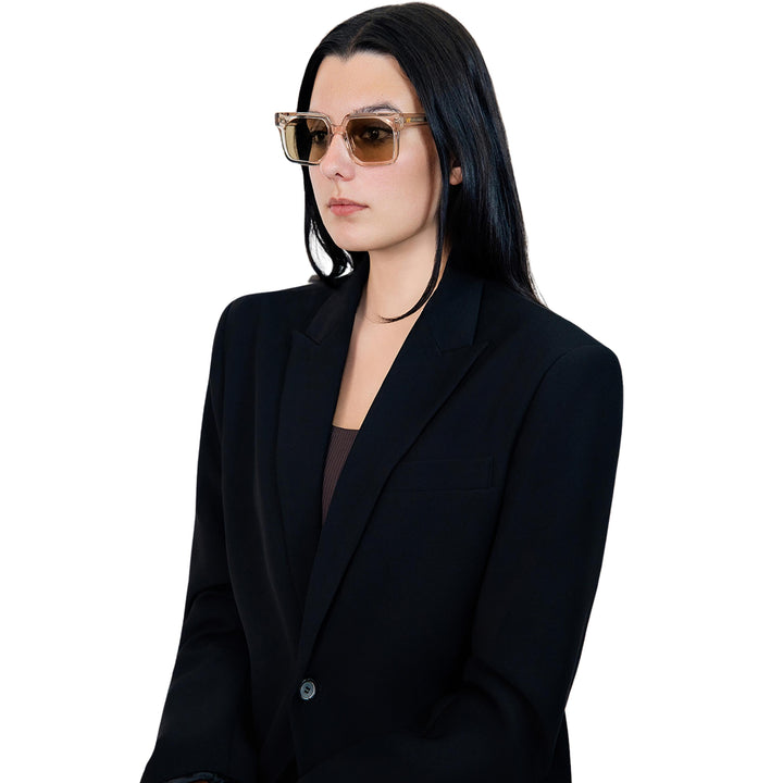 VLIZ Strata sunglasses with a translucent or tortoise square-edge frame and brown lenses, featuring a sculpted urban design, UV400 protection,and engraved logo on temples.
