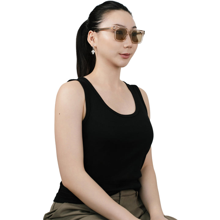 VLIZ Strata sunglasses with a translucent or tortoise square-edge frame and brown lenses, featuring a sculpted urban design, UV400 protection,and engraved logo on temples.