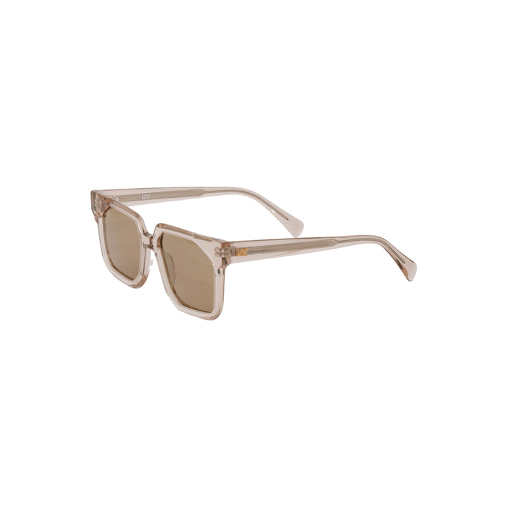 VLIZ Strata sunglasses with a translucent or tortoise square-edge frame and brown lenses, featuring a sculpted urban design, UV400 protection,and engraved logo on temples.
