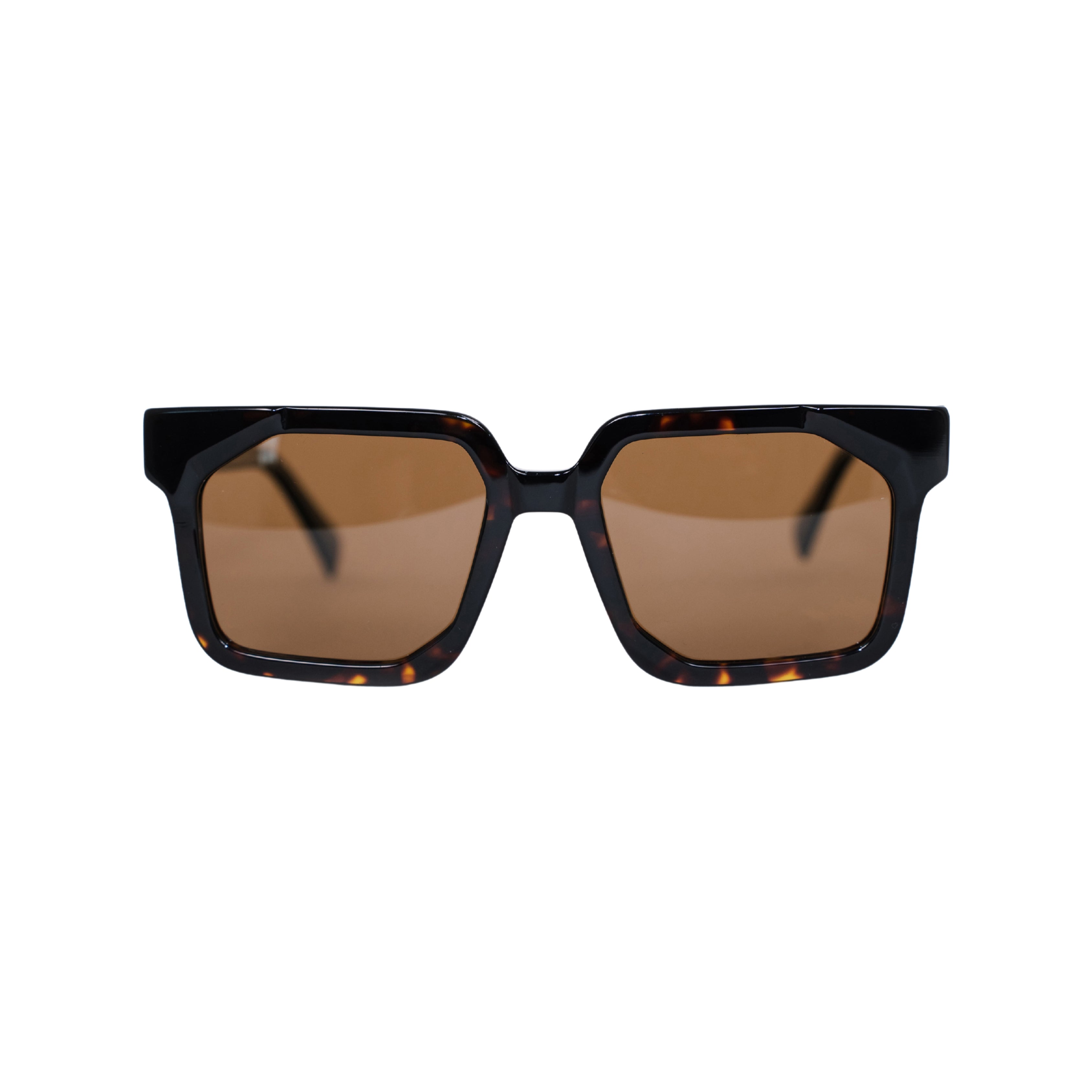 VLIZ Strata sunglasses with a translucent or tortoise square-edge frame and brown lenses, featuring a sculpted urban design, UV400 protection,and engraved logo on temples.