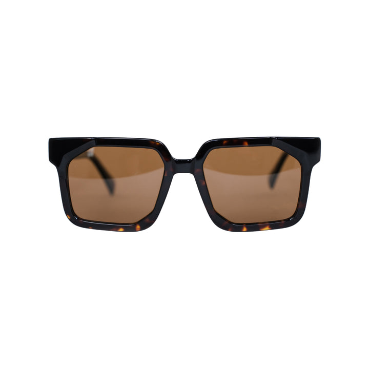 VLIZ Strata sunglasses with a translucent or tortoise square-edge frame and brown lenses, featuring a sculpted urban design, UV400 protection,and engraved logo on temples.