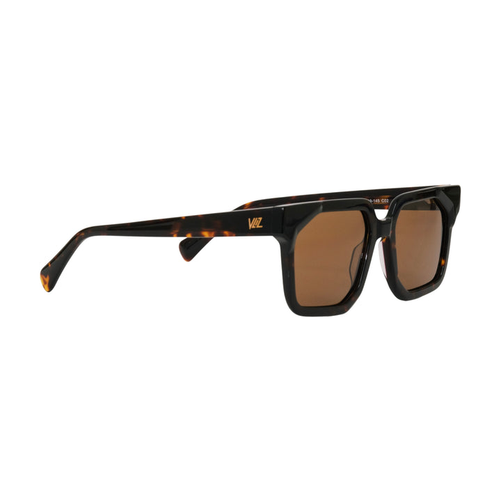 VLIZ Strata sunglasses with a translucent or tortoise square-edge frame and brown lenses, featuring a sculpted urban design, UV400 protection,and engraved logo on temples.