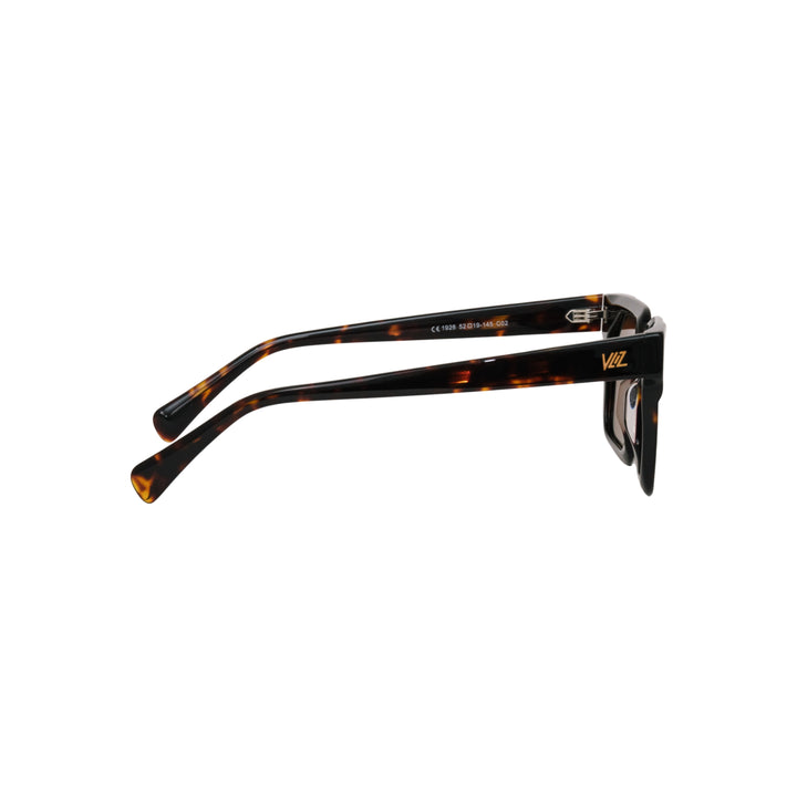 VLIZ Strata sunglasses with a translucent or tortoise square-edge frame and brown lenses, featuring a sculpted urban design, UV400 protection,and engraved logo on temples.
