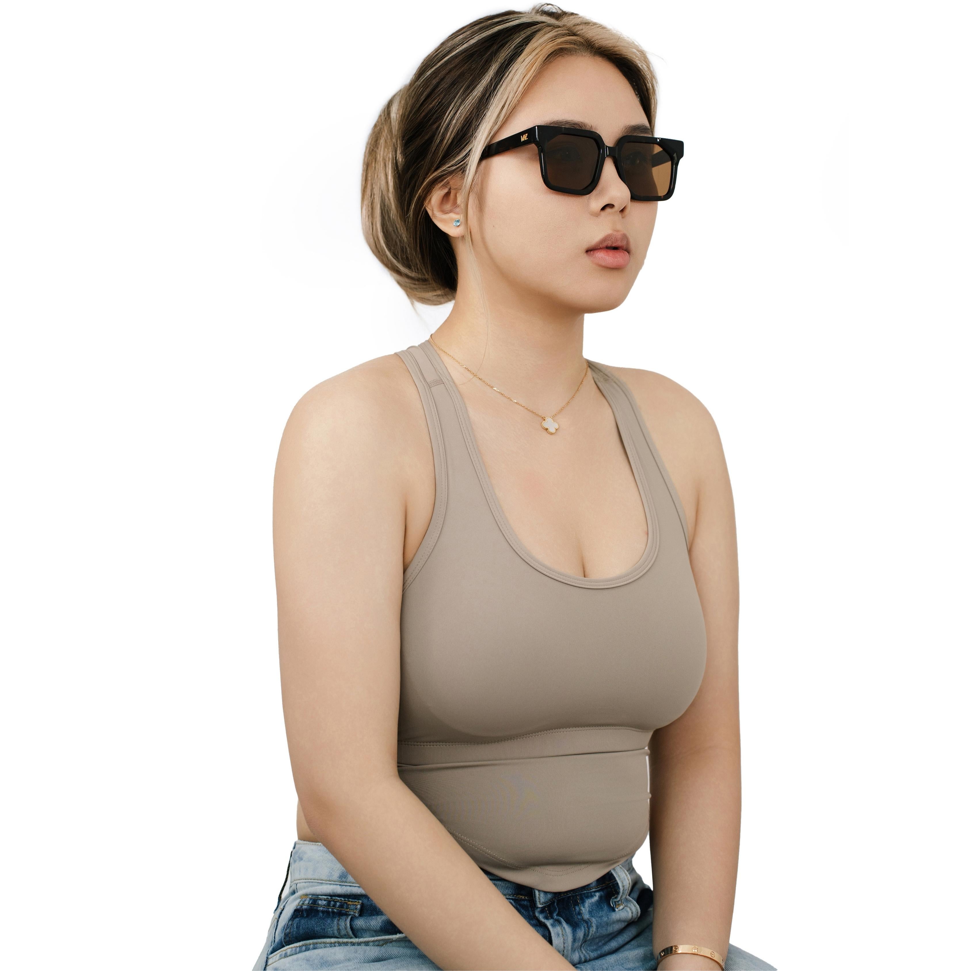 VLIZ Strata sunglasses with a translucent or tortoise square-edge frame and brown lenses, featuring a sculpted urban design, UV400 protection,and engraved logo on temples.