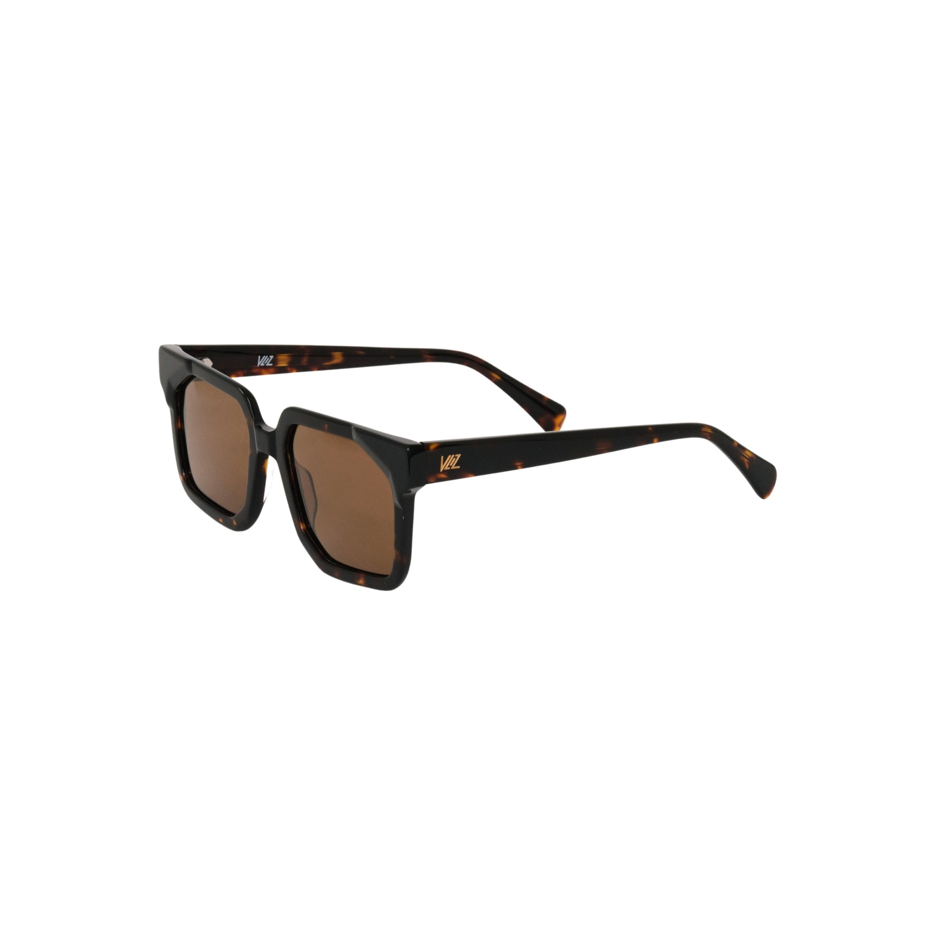 VLIZ Strata sunglasses with a translucent or tortoise square-edge frame and brown lenses, featuring a sculpted urban design, UV400 protection,and engraved logo on temples.
