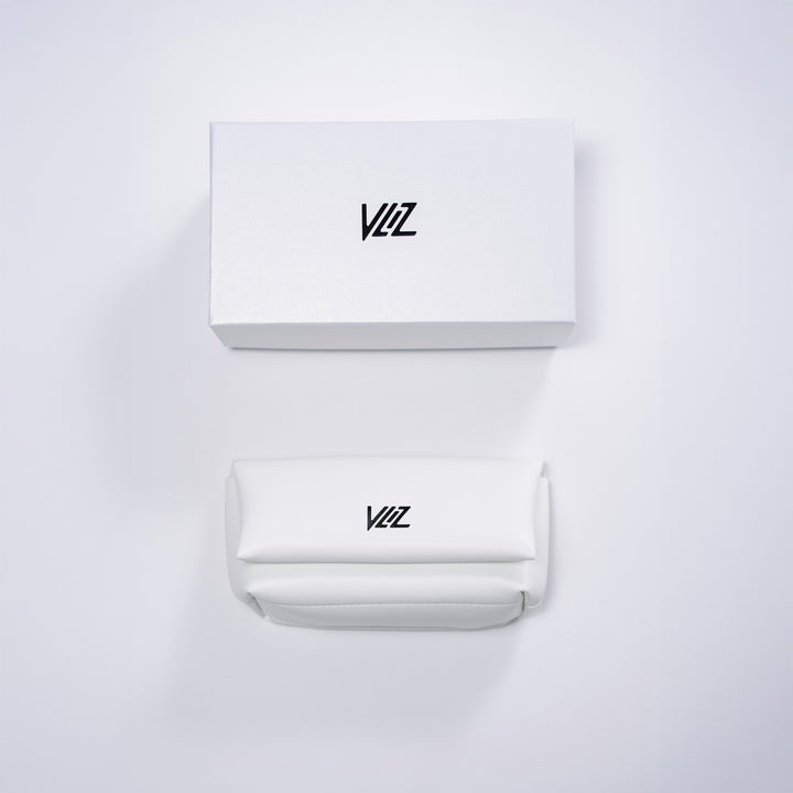VLIZ sunglasses packaging with pearl-finish white box and folded white leather-style case, featuring black logo on both.