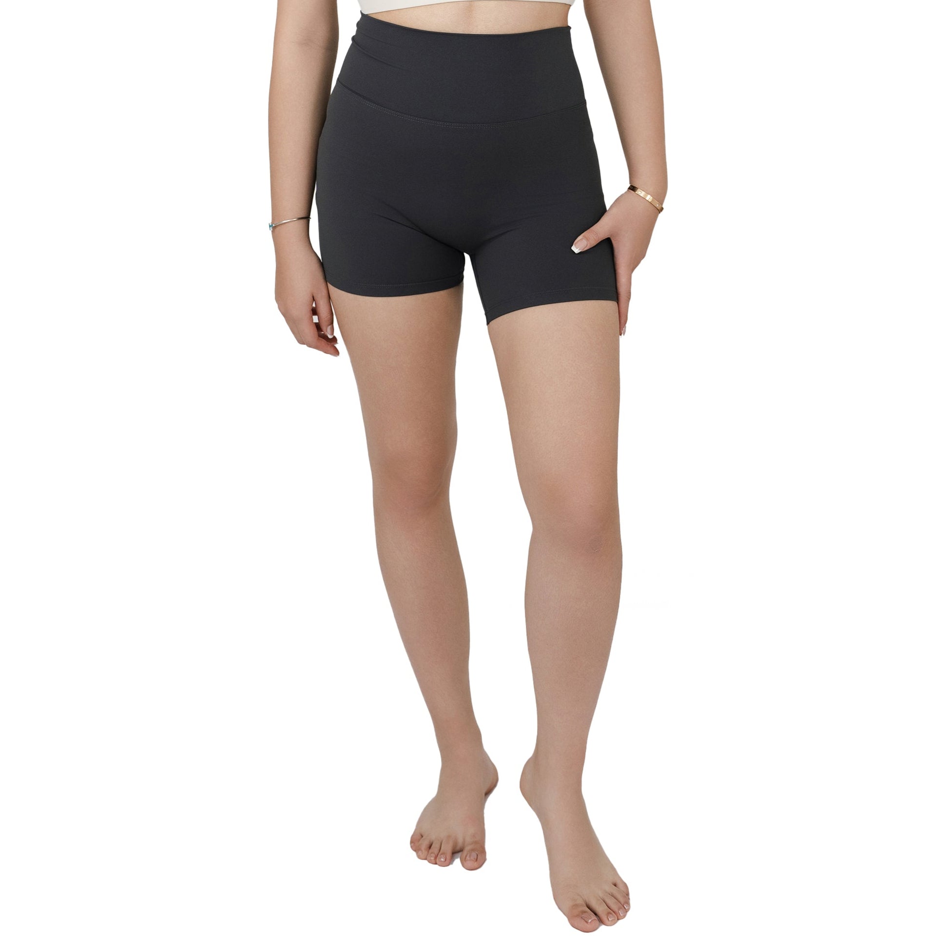 Front view of VLIZ Ultra Soft SculptFit Short Leggings in Gray, showing high-waisted compression and body-contouring fit above the knee.