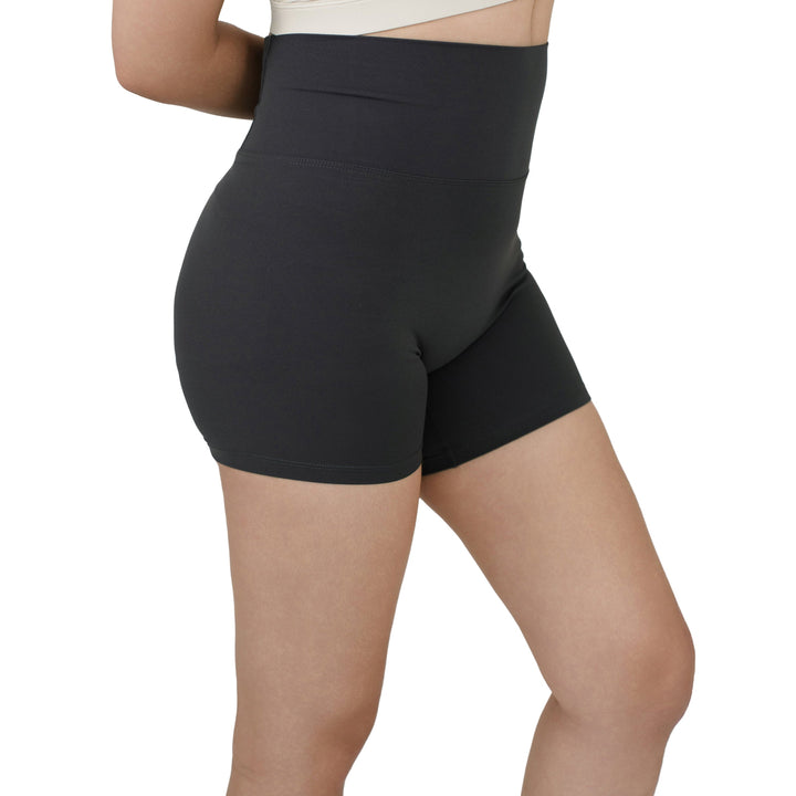 Side view of VLIZ Ultra Soft SculptFit Short Leggings in Gray, featuring a high-rise waistband, sculpted compression fit, and clean hemline.