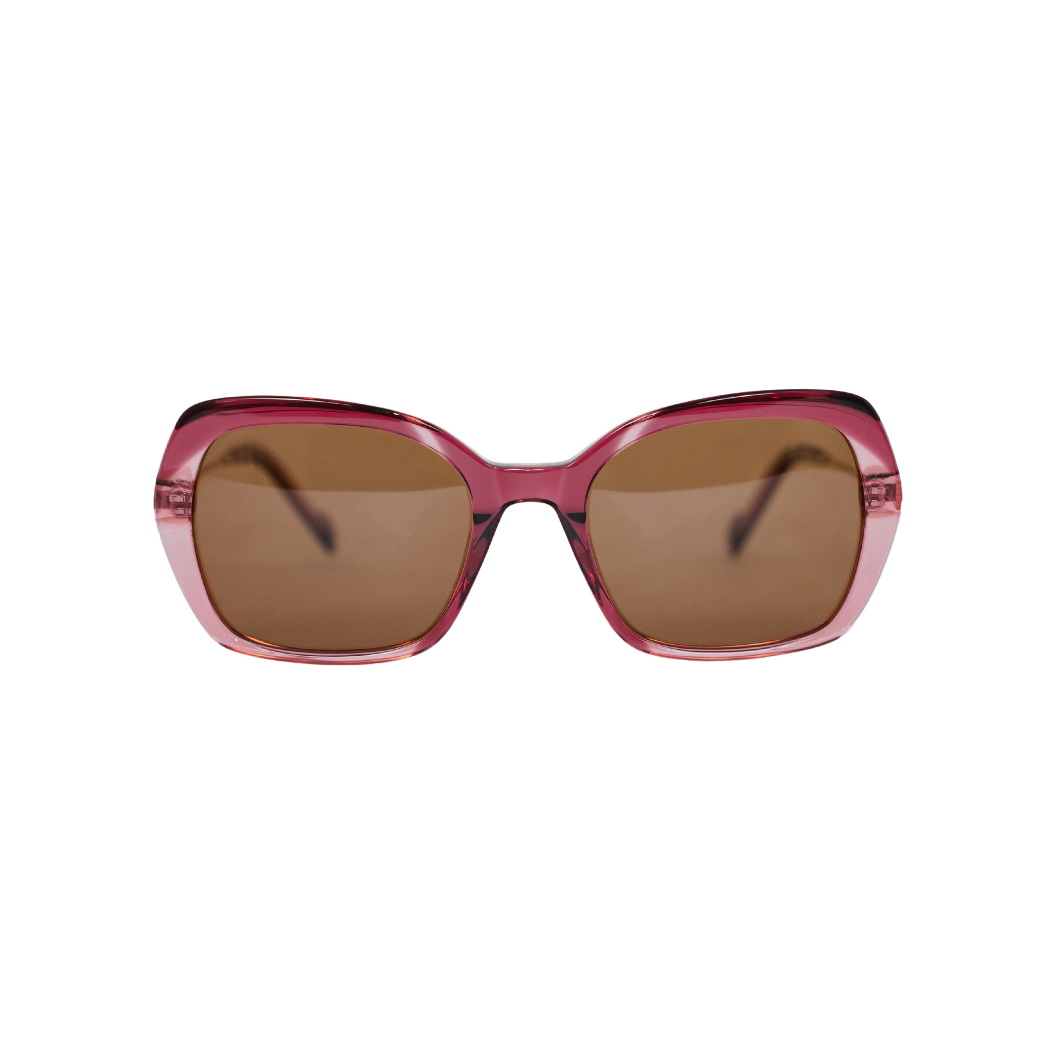 VLIZ Vista sunglasses with pink translucent square-edge frame and brown lenses, designed with a relaxed silhouette and engraved logo on temples.