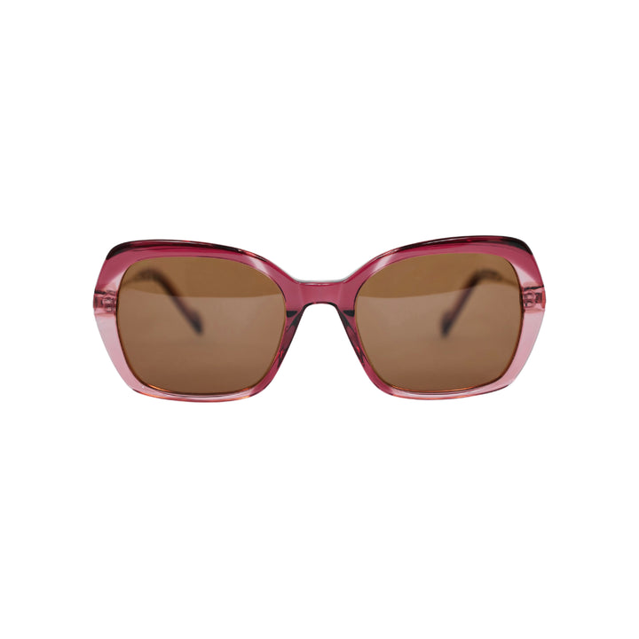 VLIZ Vista sunglasses with pink translucent square-edge frame and brown lenses, designed with a relaxed silhouette and engraved logo on temples.