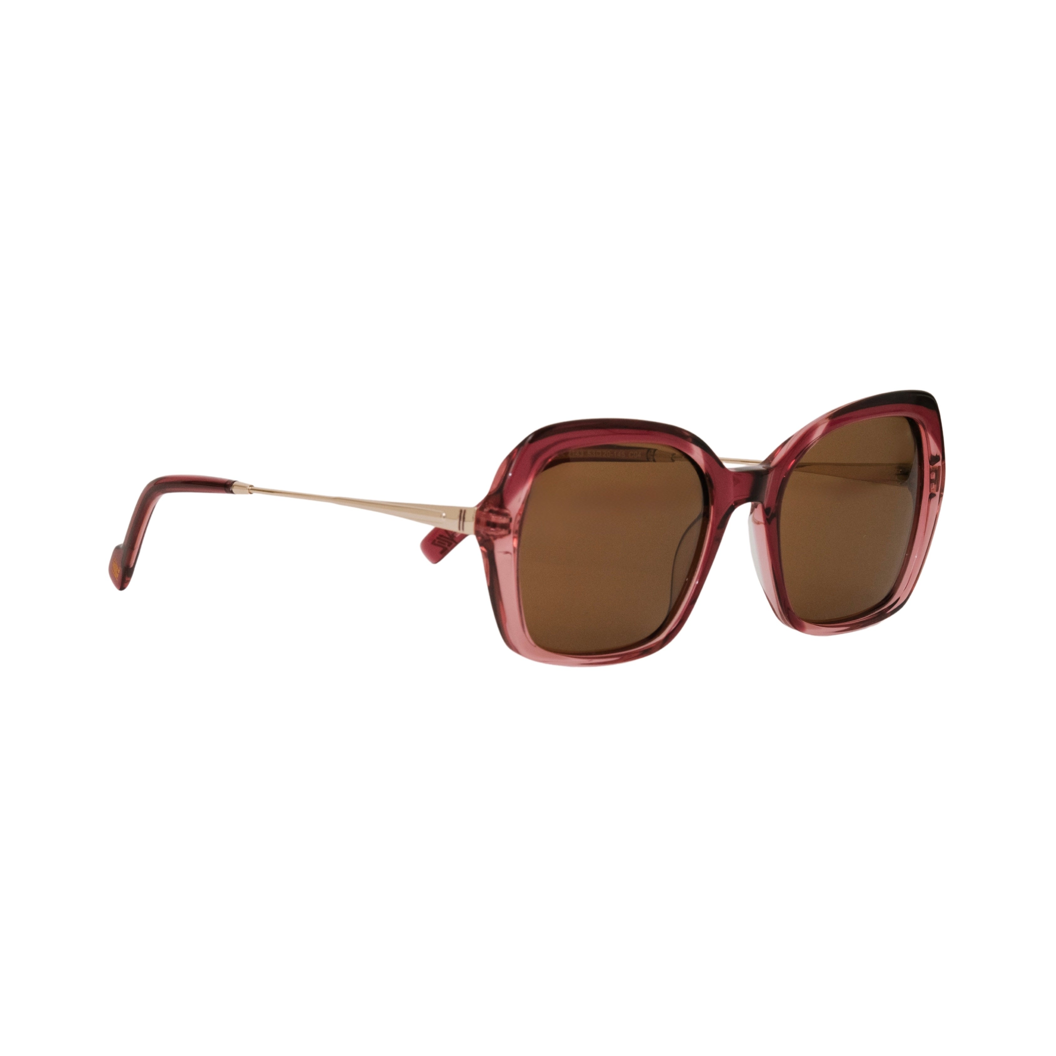 VLIZ Vista sunglasses with pink translucent square-edge frame and brown lenses, designed with a relaxed silhouette and engraved logo on temples.