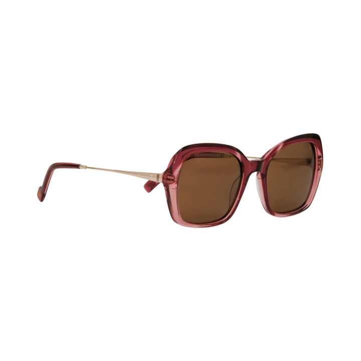 VLIZ Vista sunglasses with pink translucent square-edge frame and brown lenses, designed with a relaxed silhouette and engraved logo on temples.