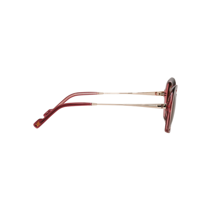 VLIZ Vista sunglasses with pink translucent square-edge frame and brown lenses, designed with a relaxed silhouette and engraved logo on temples.